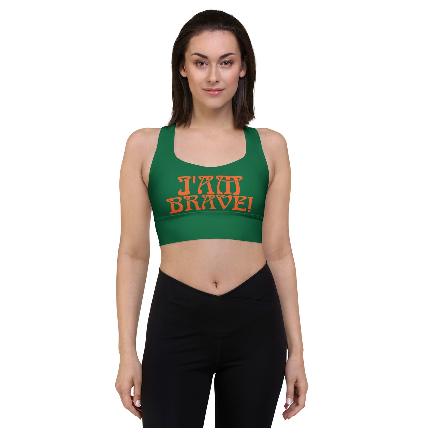 “I’AM BRAVE!” Green Longline Sports Bra W/Orange Font