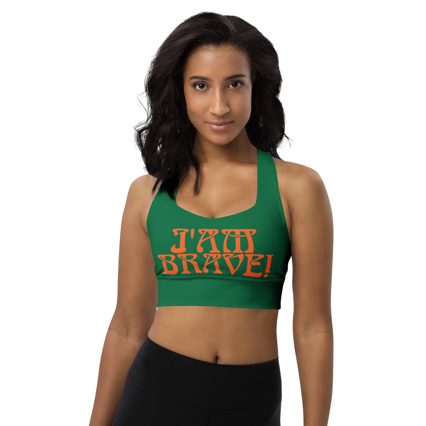 “I’AM BRAVE!” Green Longline Sports Bra W/Orange Font