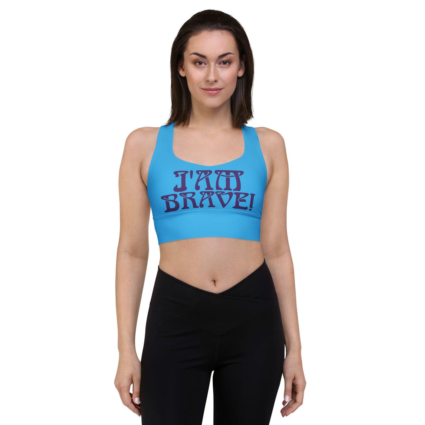 “I’AM BRAVE!” SkyBlue Longline Sports Bra W/Purple Font