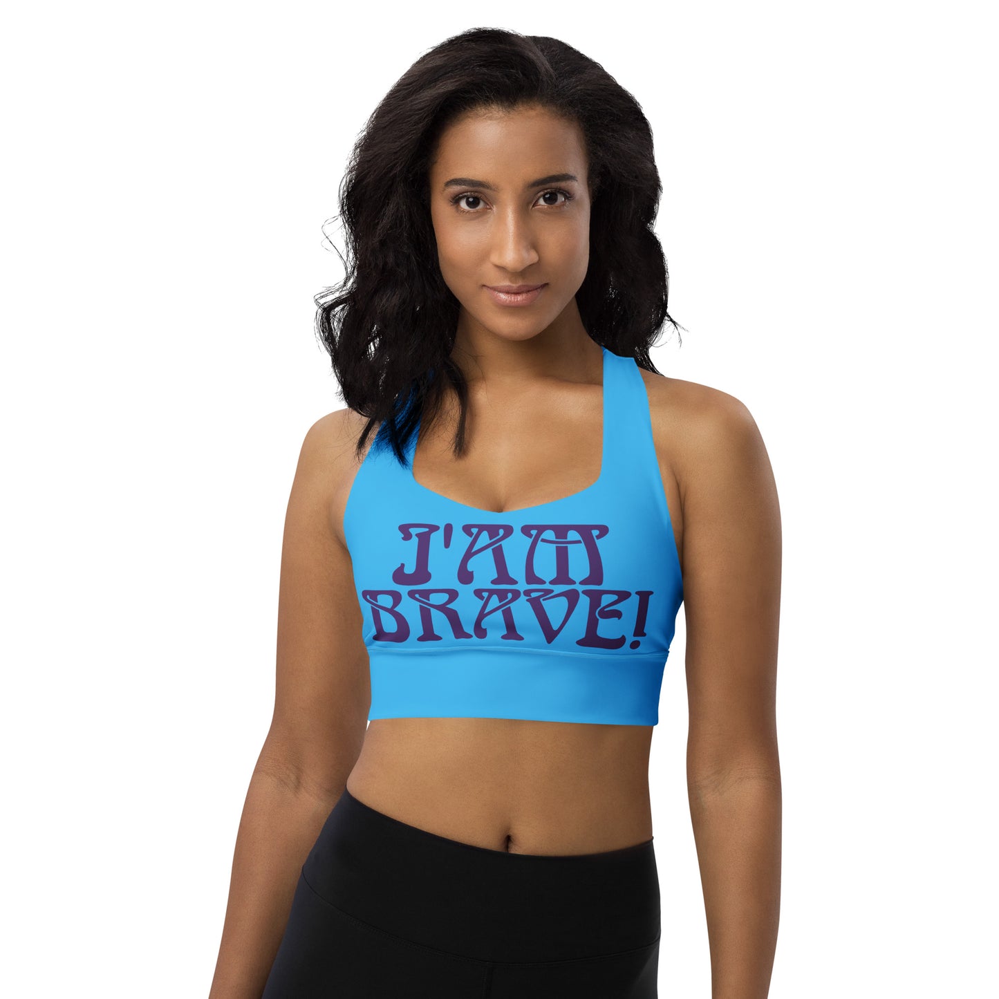 “I’AM BRAVE!” SkyBlue Longline Sports Bra W/Purple Font