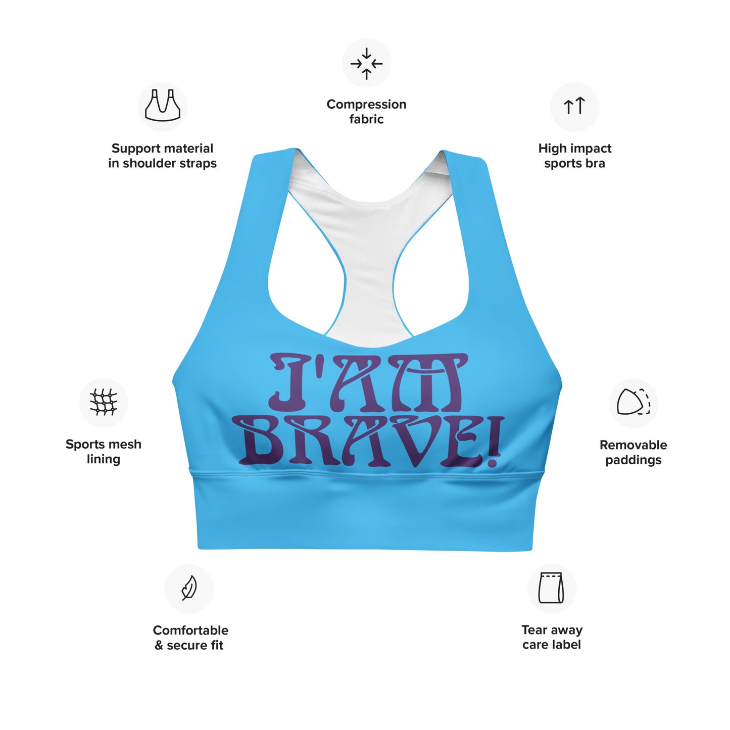 “I’AM BRAVE!” SkyBlue Longline Sports Bra W/Purple Font