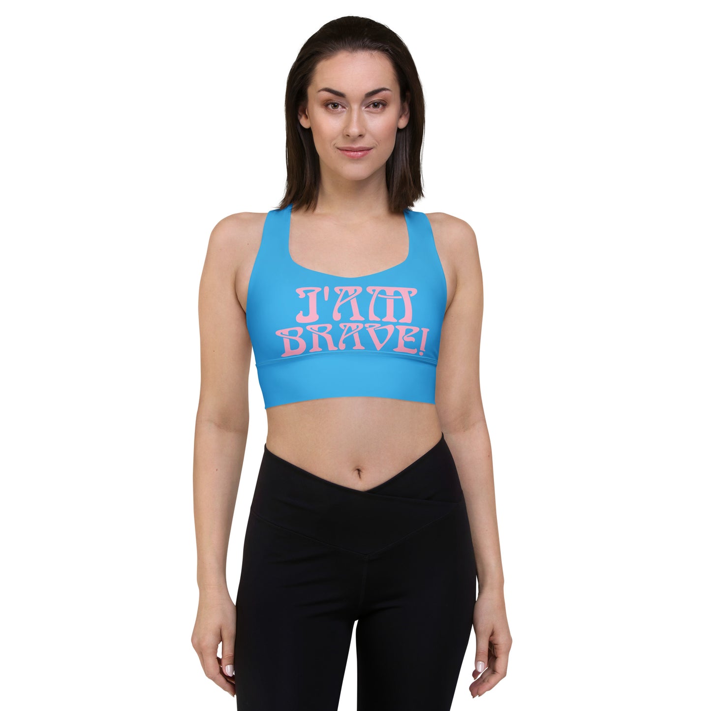 “I’AM BRAVE!” SkyBlue Longline Sports Bra W/Cotton Candy Font