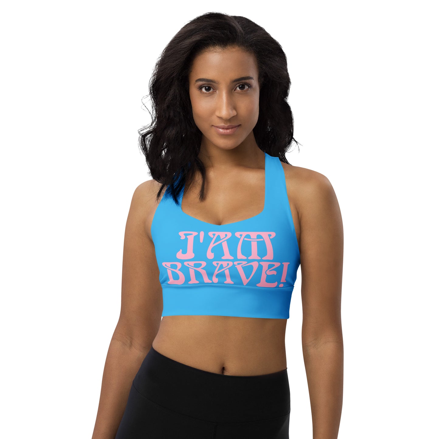 “I’AM BRAVE!” SkyBlue Longline Sports Bra W/Cotton Candy Font