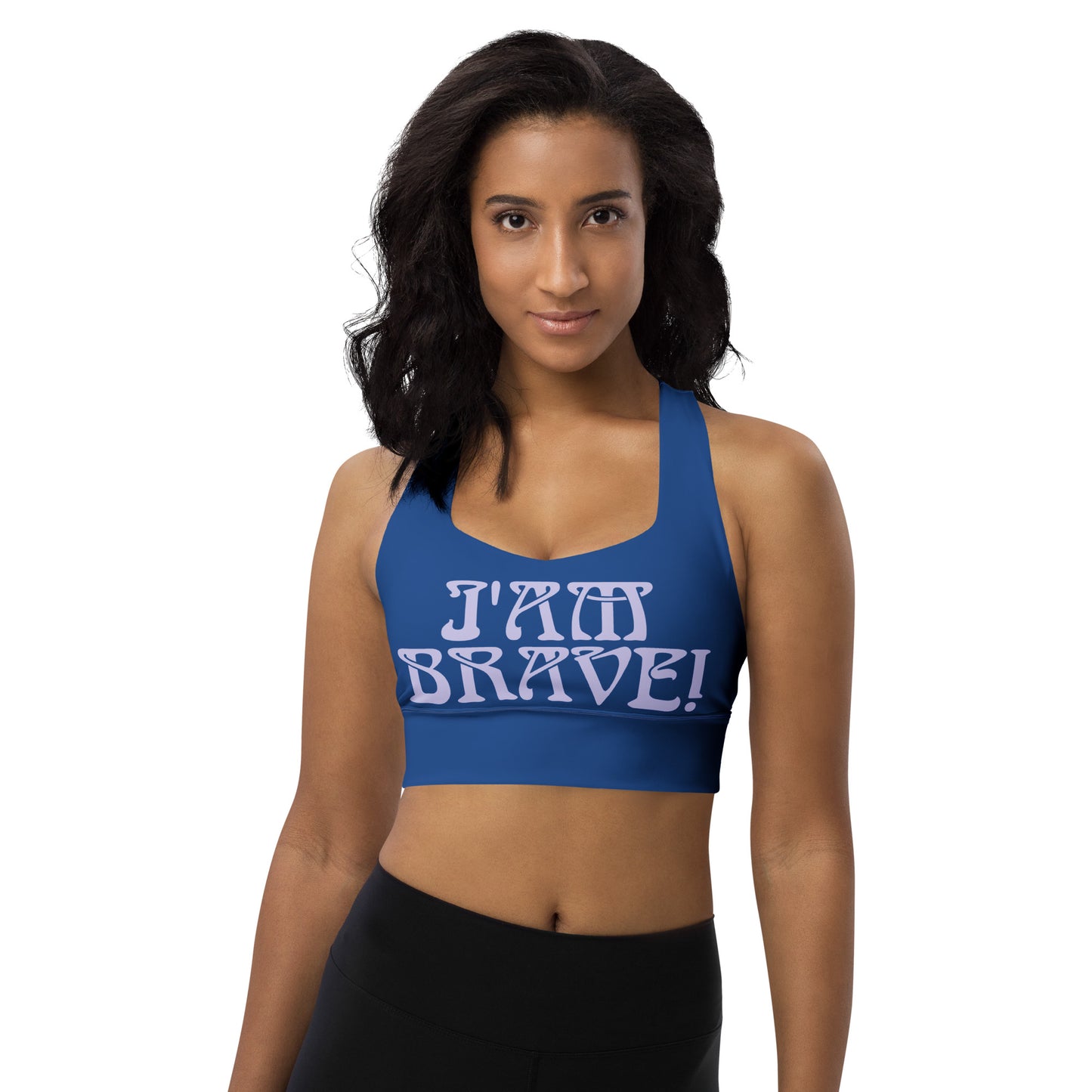 “I’AM BRAVE!” Cerulean Longline Sports Bra W/Purple Font