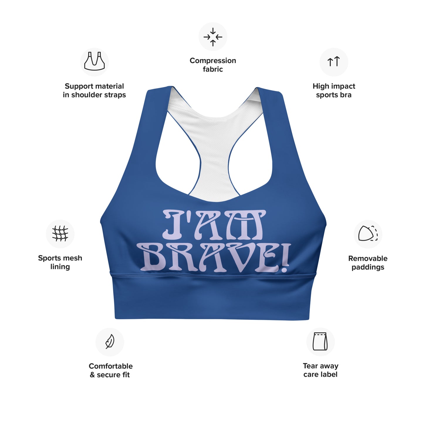 “I’AM BRAVE!” Cerulean Longline Sports Bra W/Purple Font