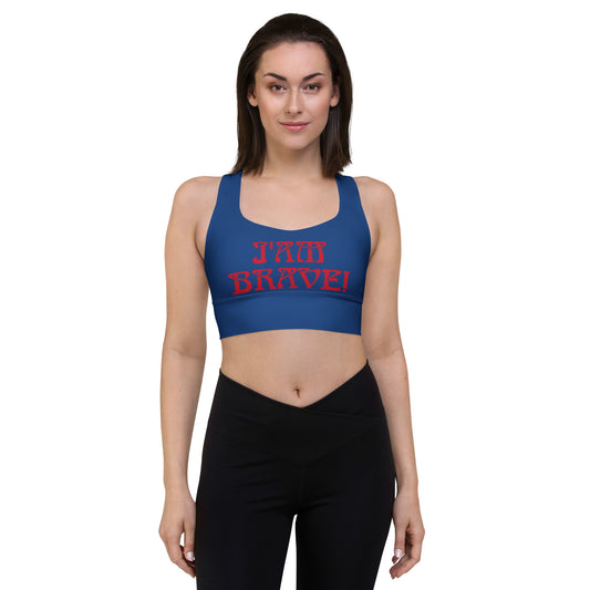 “I’AM BRAVE!” Cerulean Longline Sports Bra W/Red Font