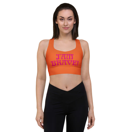 “I’AM BRAVE!” Orange Longline Sports Bra W/Violet Red Font