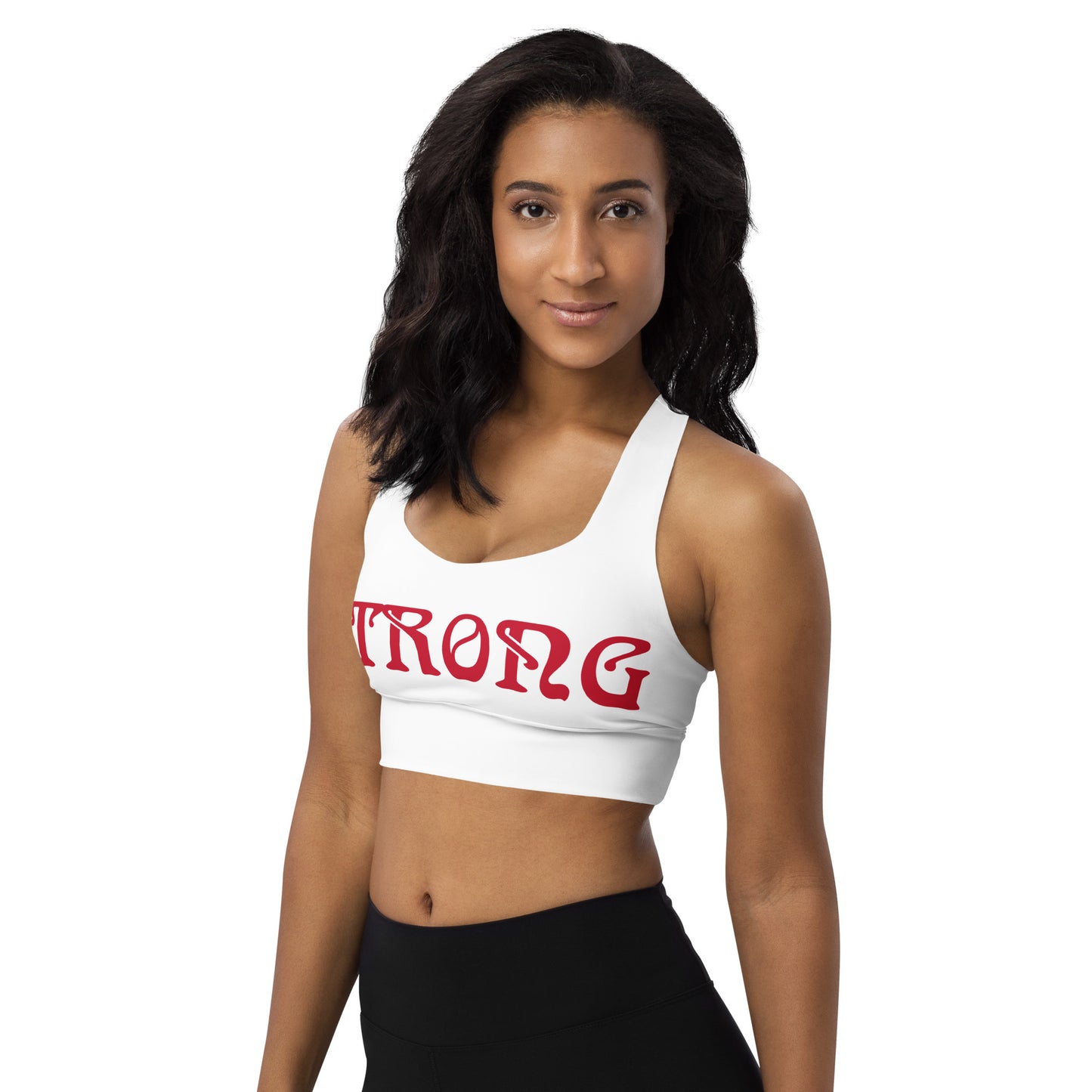 “STRONG”White Longline Sports Bra W/Red Font