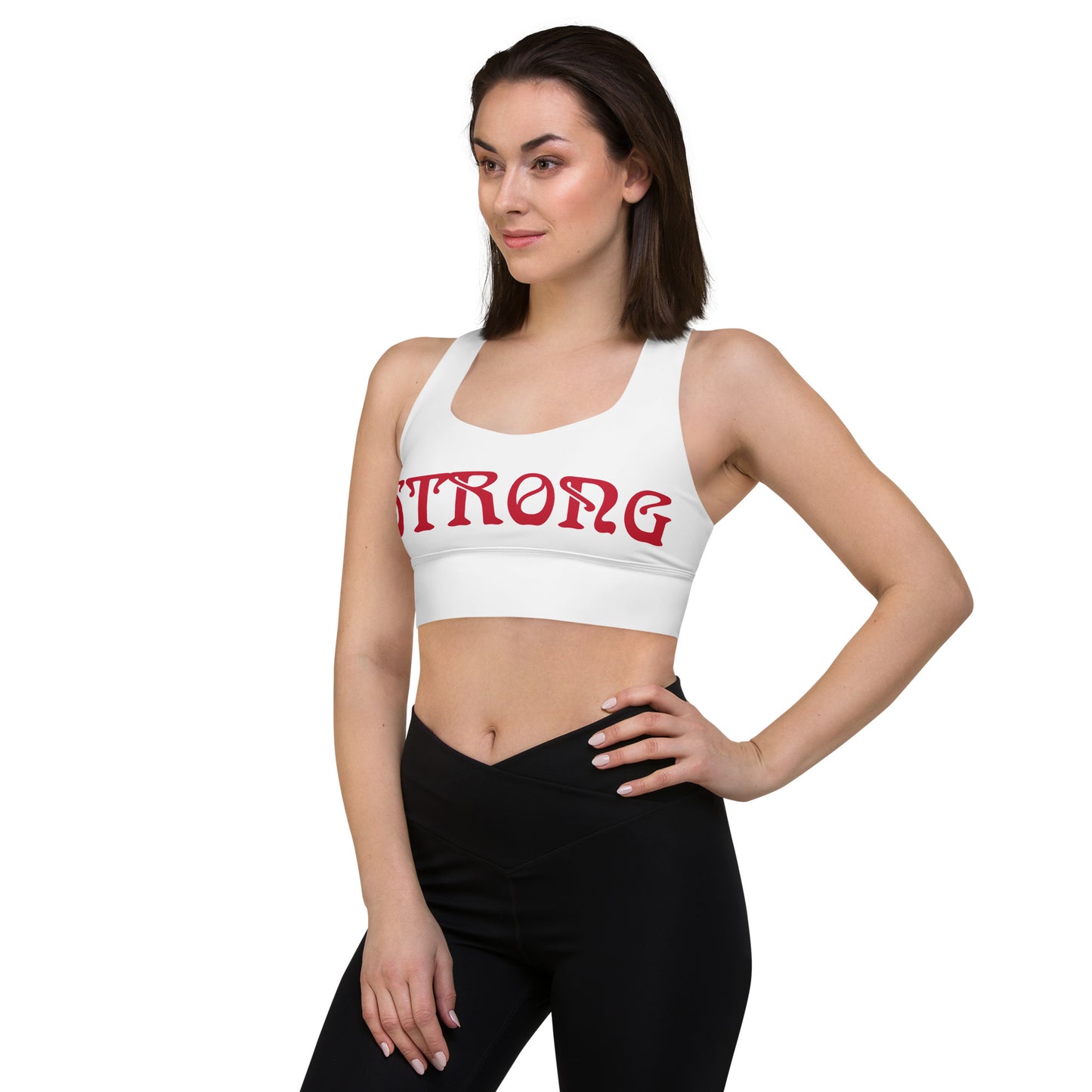 “STRONG”White Longline Sports Bra W/Red Font