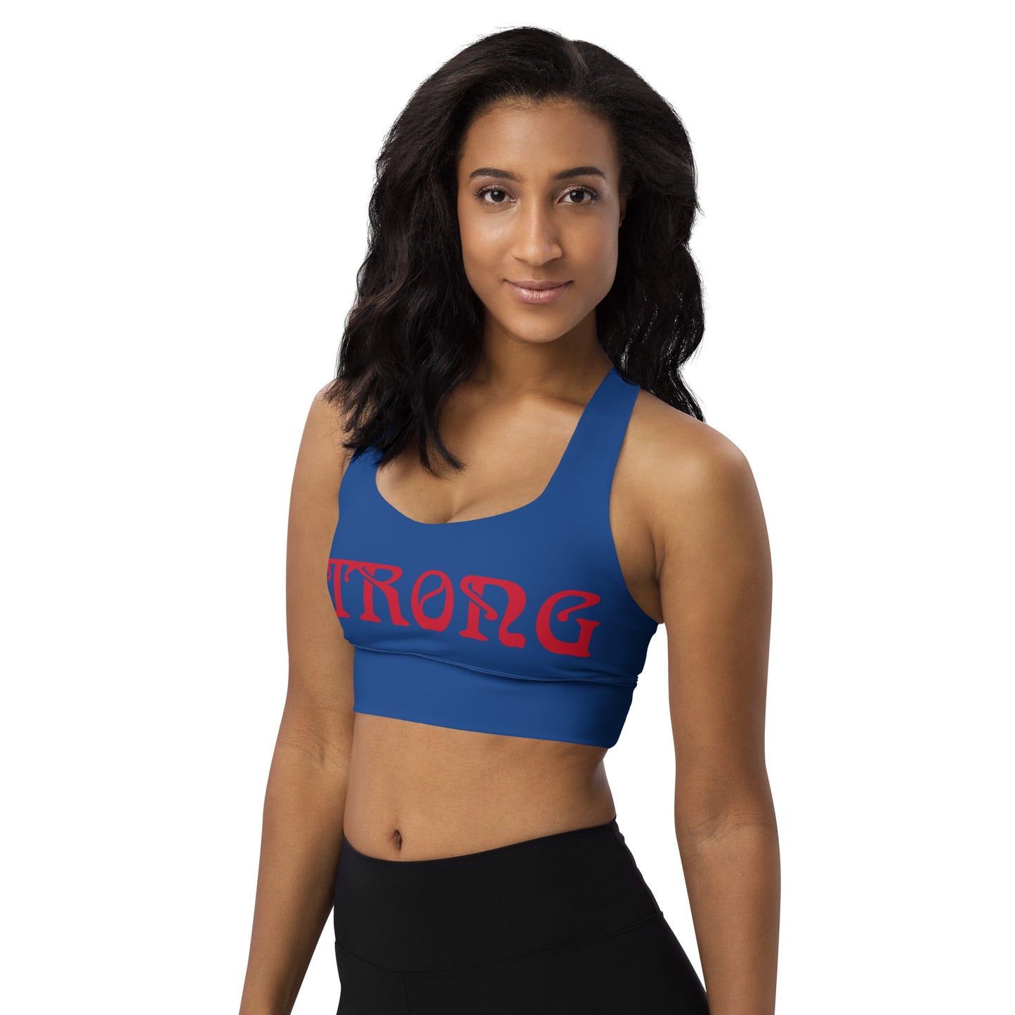 “STRONG”Blue Longline Sports Bra W/Red Font