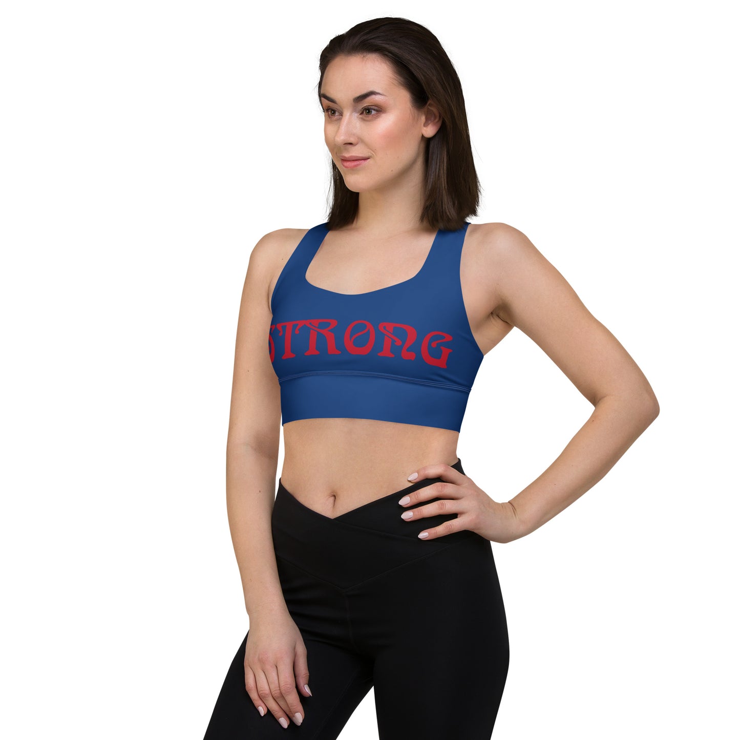 “STRONG”Blue Longline Sports Bra W/Red Font