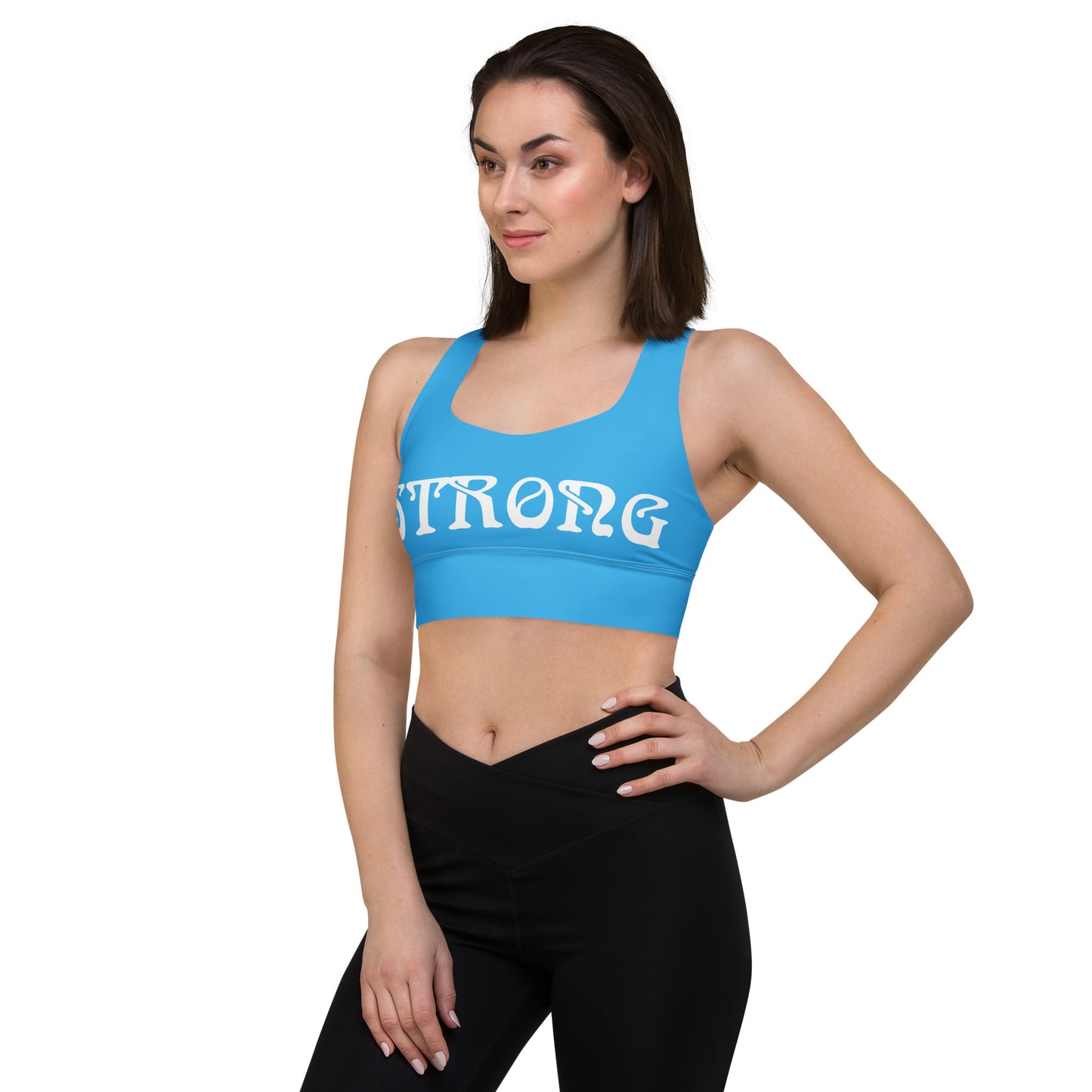 “STRONG" SkyBlue Longline Sports Bra W/White Font