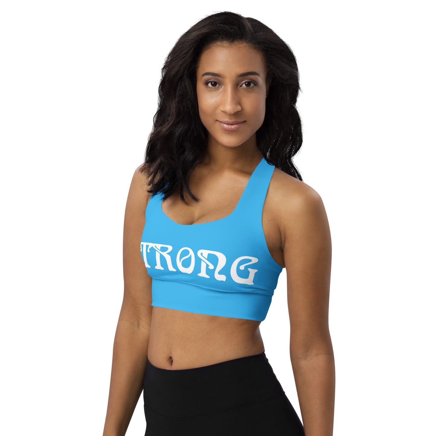 “STRONG" SkyBlue Longline Sports Bra W/White Font