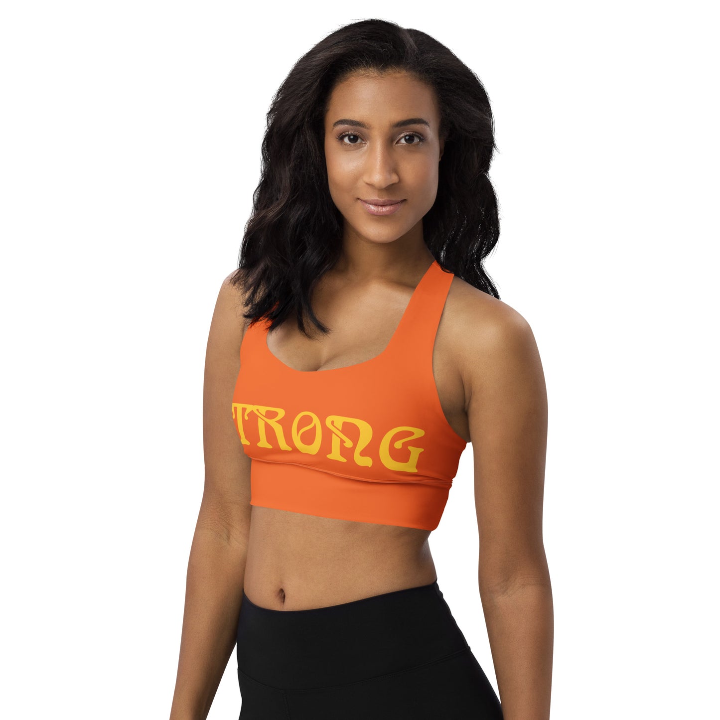 “STRONG”Orange Longline Sports Bra W/Yellow Font