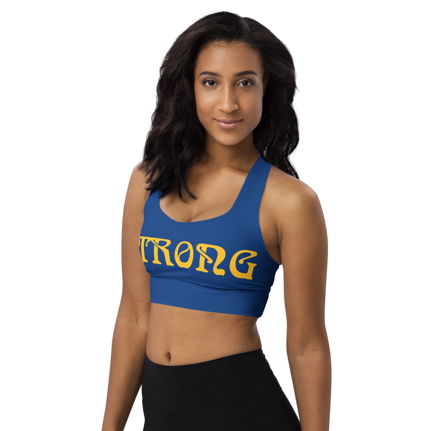 “STRONG”Blue Longline Sports Bra W/Yellow Font