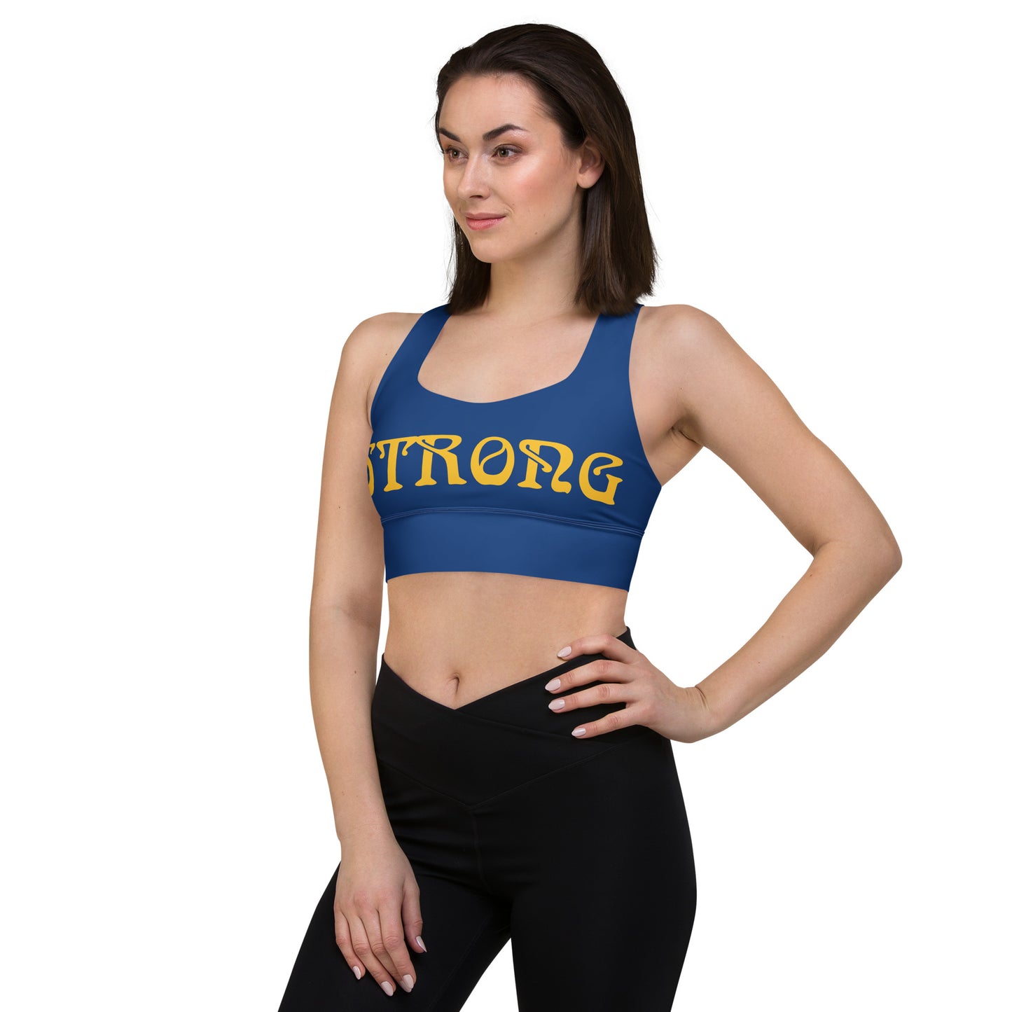 “STRONG”Blue Longline Sports Bra W/Yellow Font