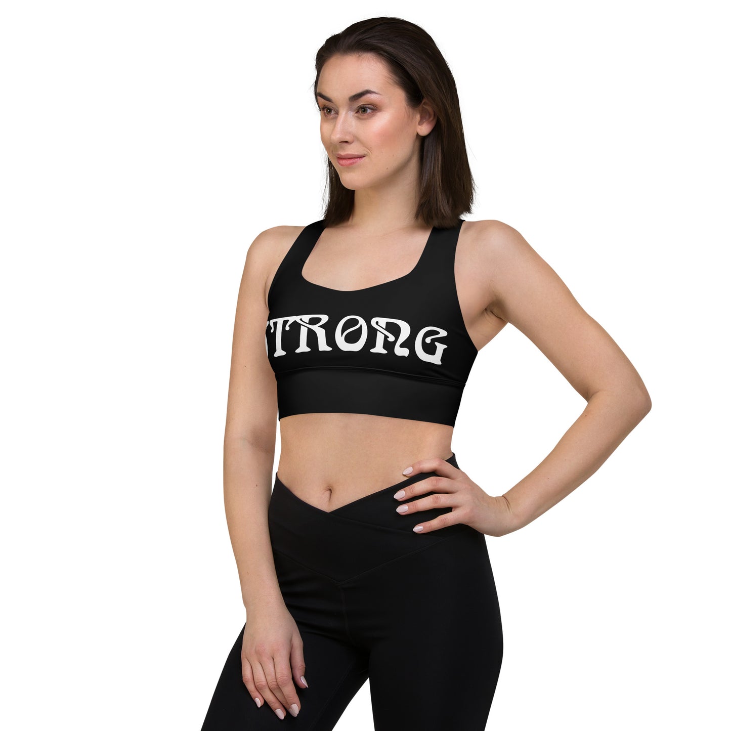 “STRONG”Black Longline Sports Bra W/White Font