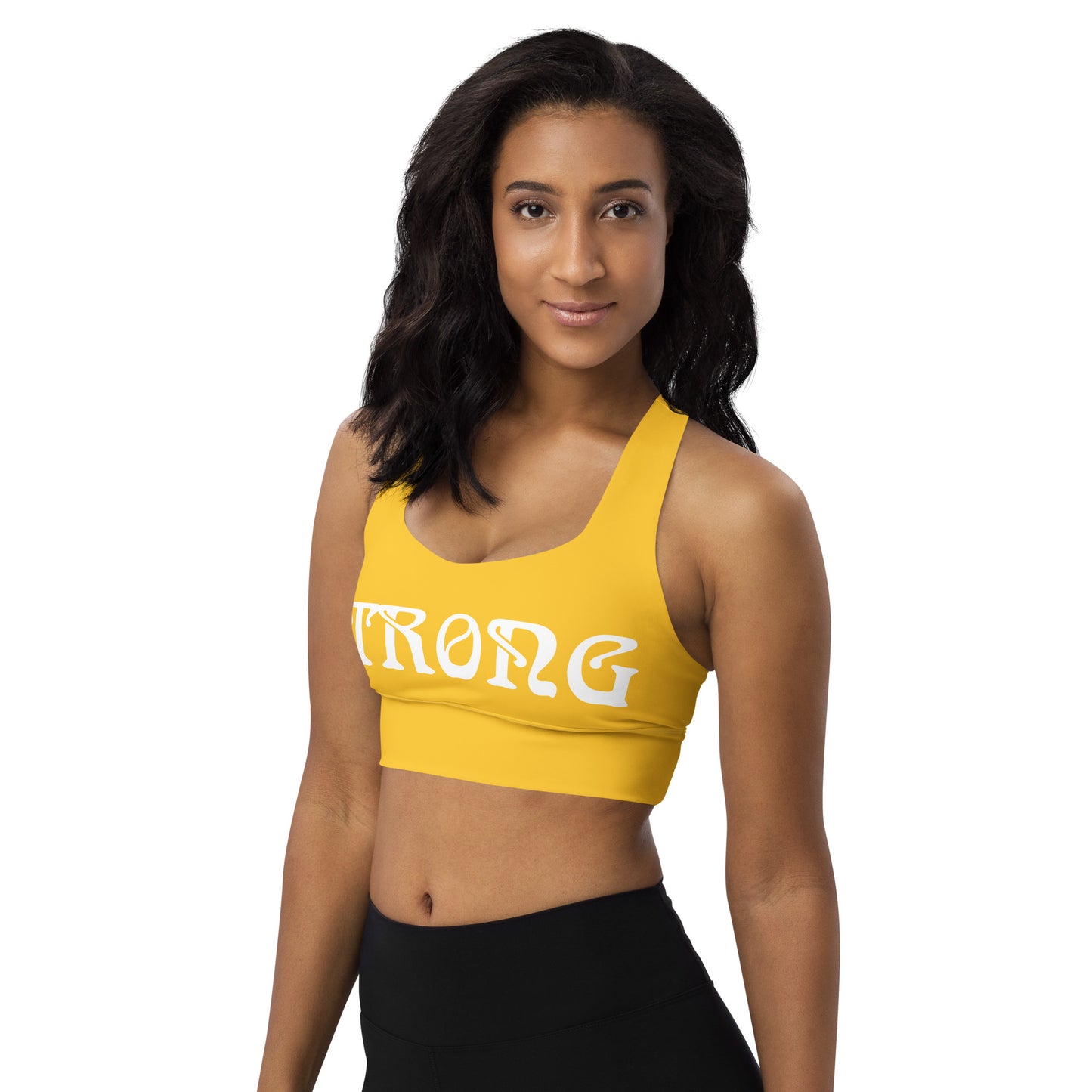 “STRONG”Yellow Longline Sports Bra W/White Font