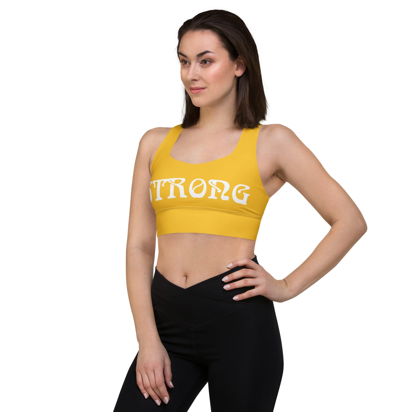 “STRONG”Yellow Longline Sports Bra W/White Font