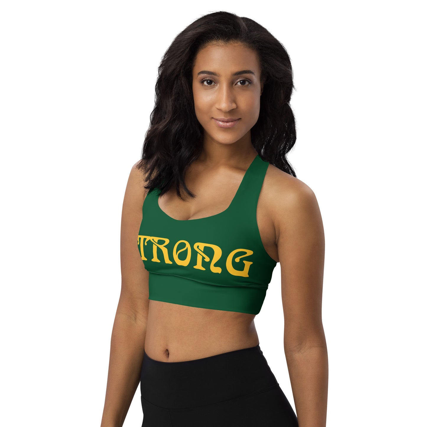 “STRONG”Green Longline Sports Bra W/Yellow Font