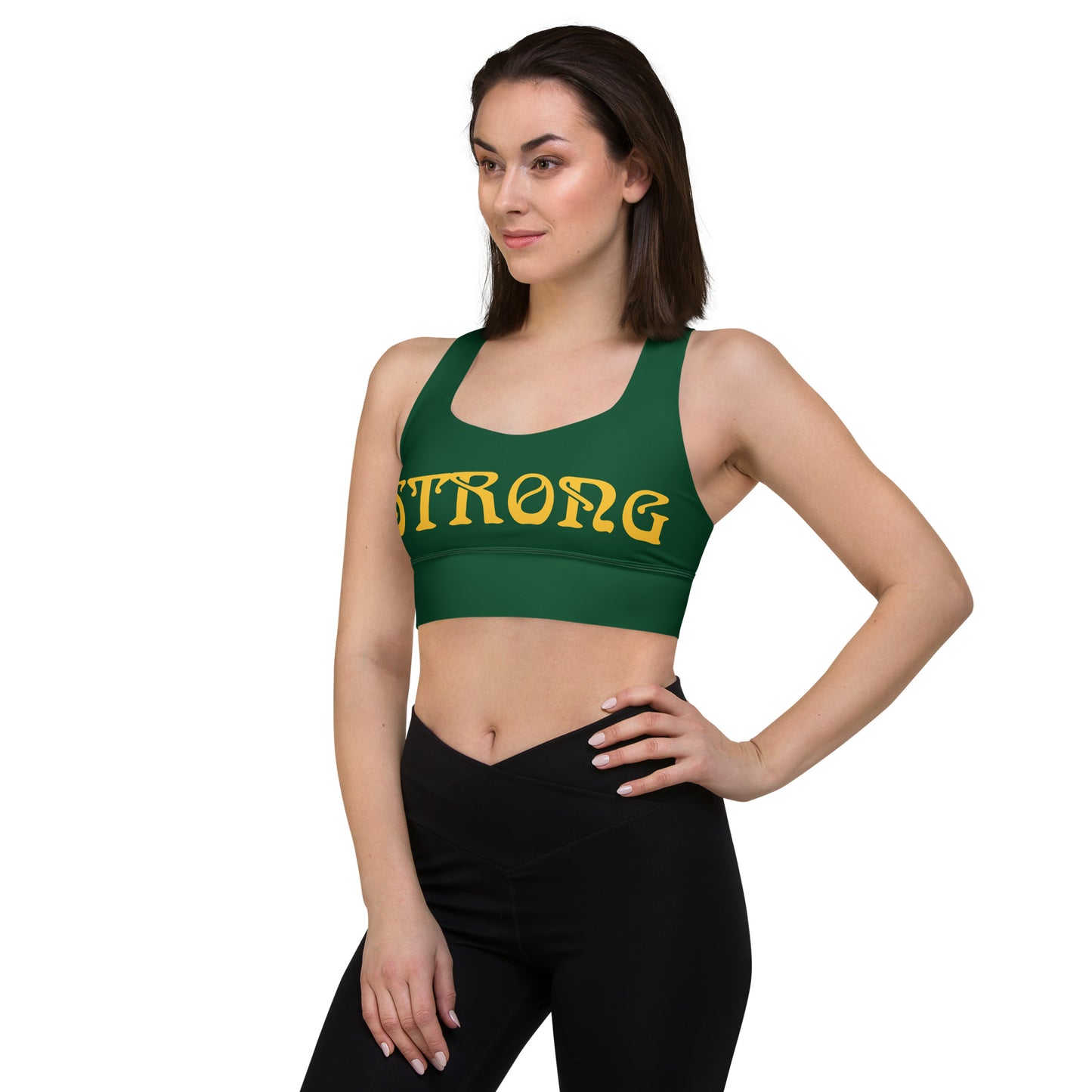 “STRONG”Green Longline Sports Bra W/Yellow Font