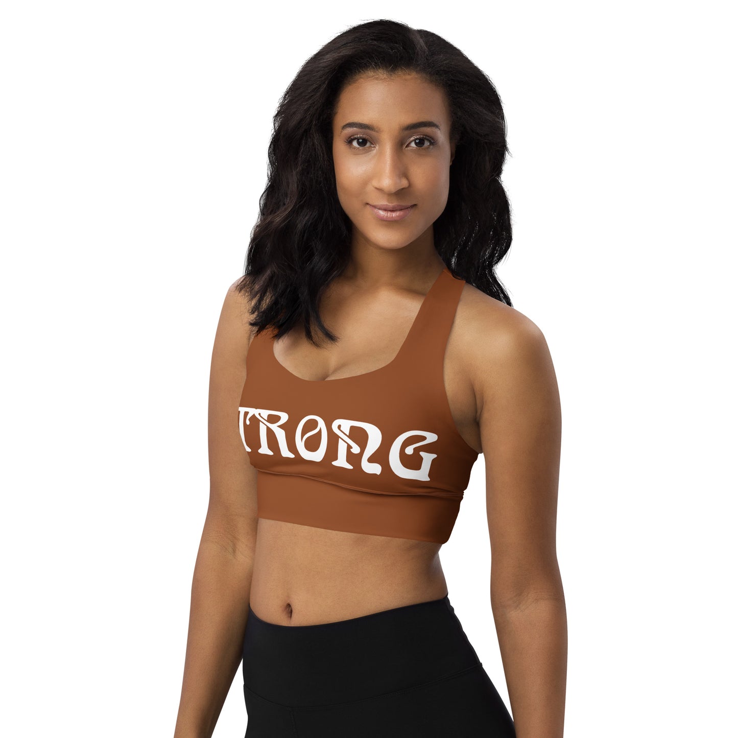 “STRONG”Brown Longline Sports Bra W/White Font