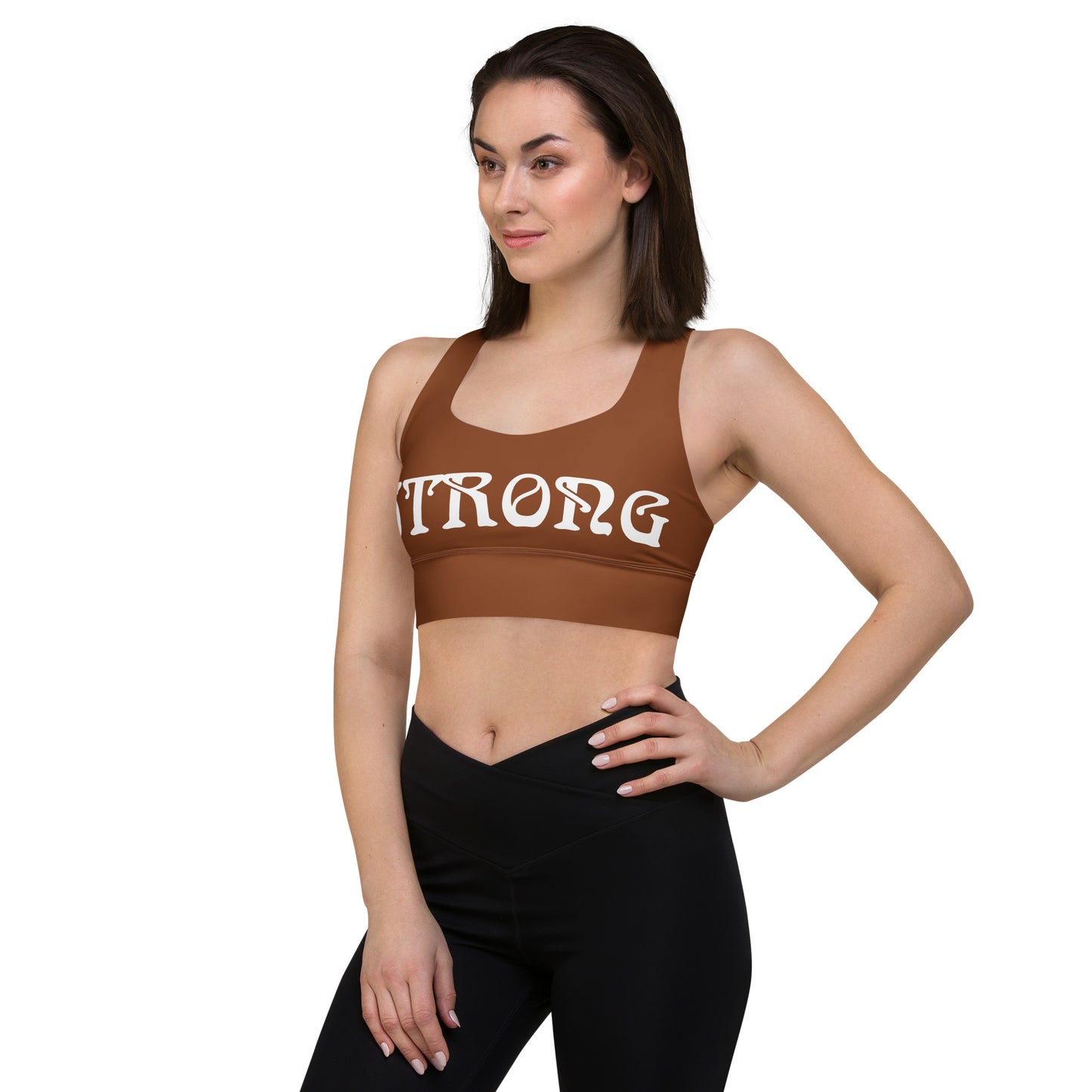 “STRONG”Brown Longline Sports Bra W/White Font