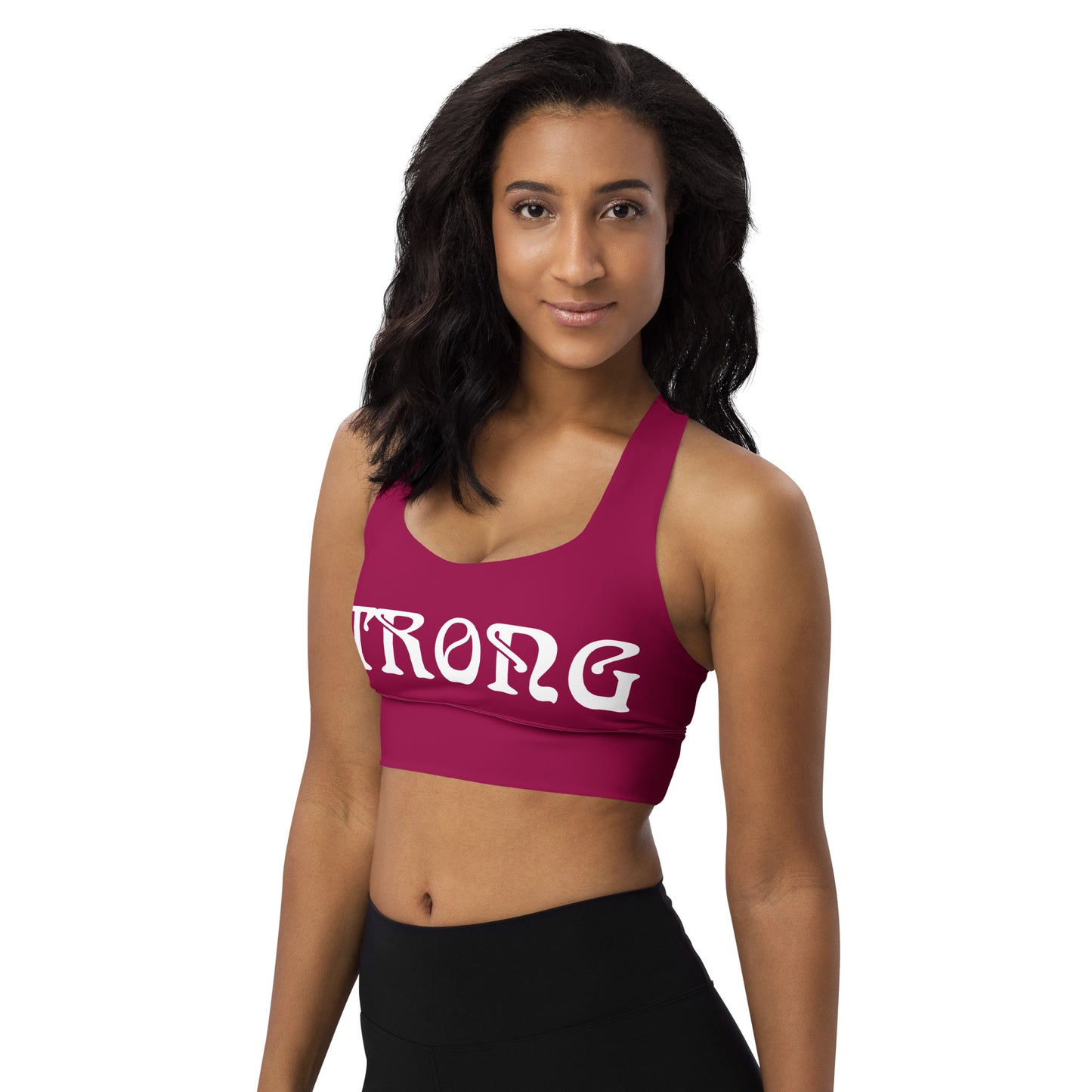 “STRONG”Burgundy Longline Sports Bra W/White Font