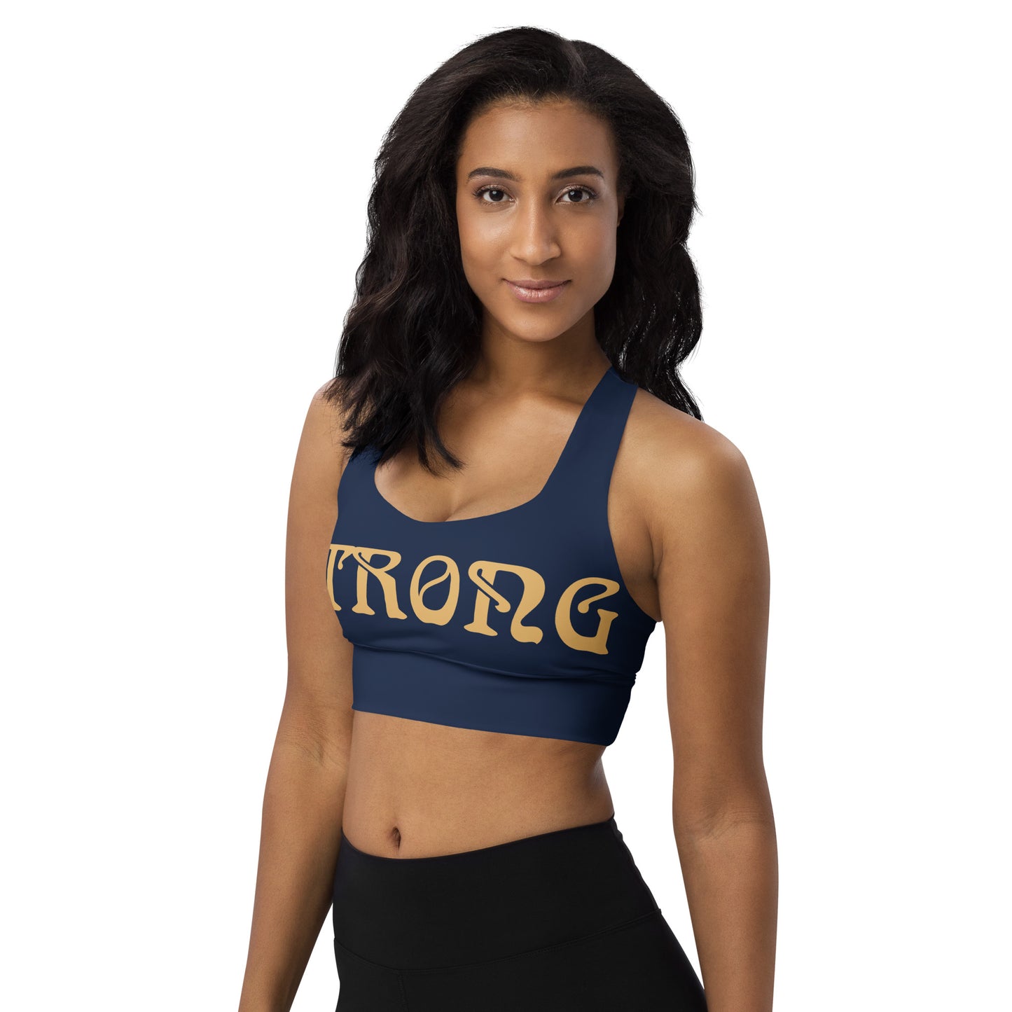 “STRONG”Navy Longline Sports Bra W/Fawn Font