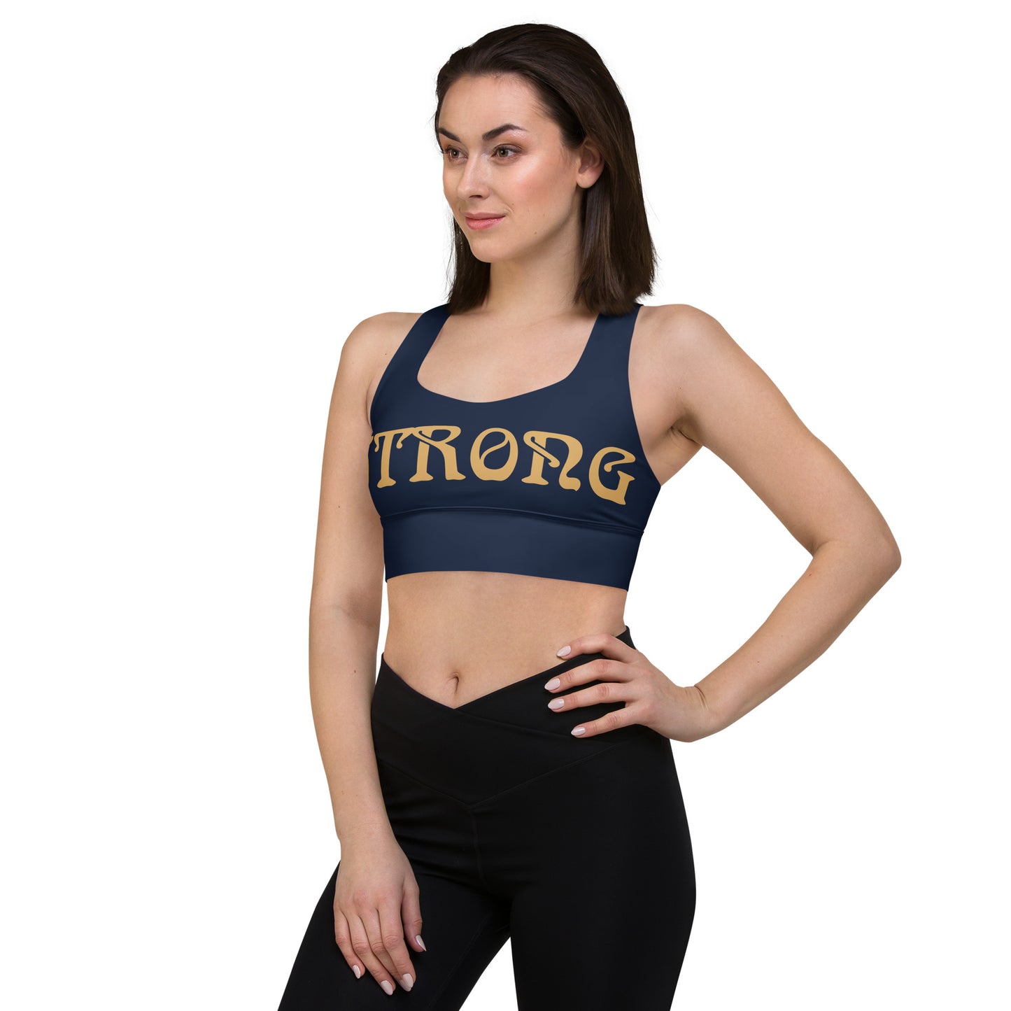 “STRONG”Navy Longline Sports Bra W/Fawn Font