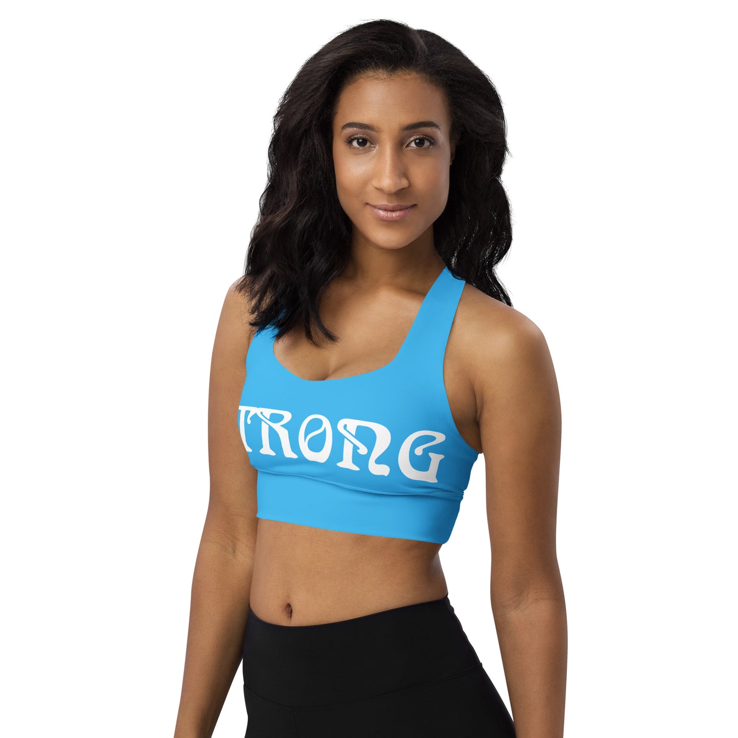 “STRONG”SkyBlue Longline Sports Bra W/White Font