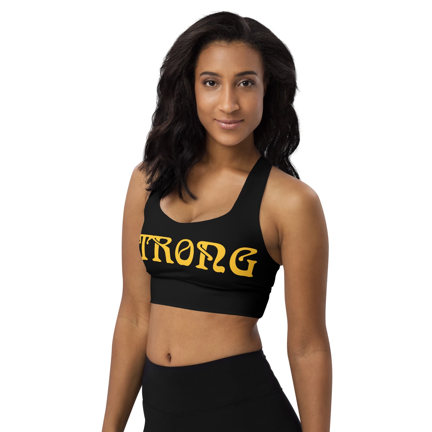 “STRONG”Black Longline Sports Bra W/Yellow Font