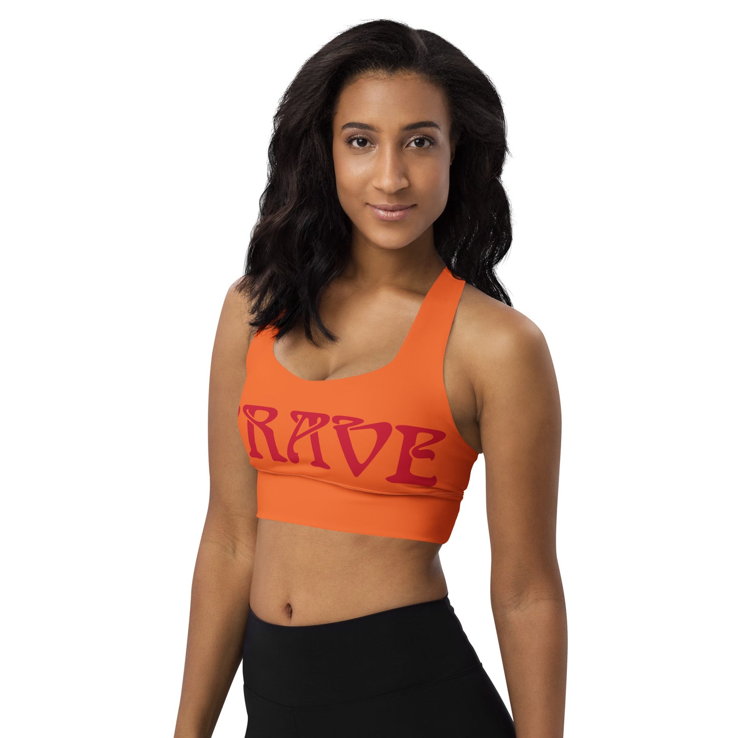 “BRAVE”Orange Longline Sports Bra W/Red Font