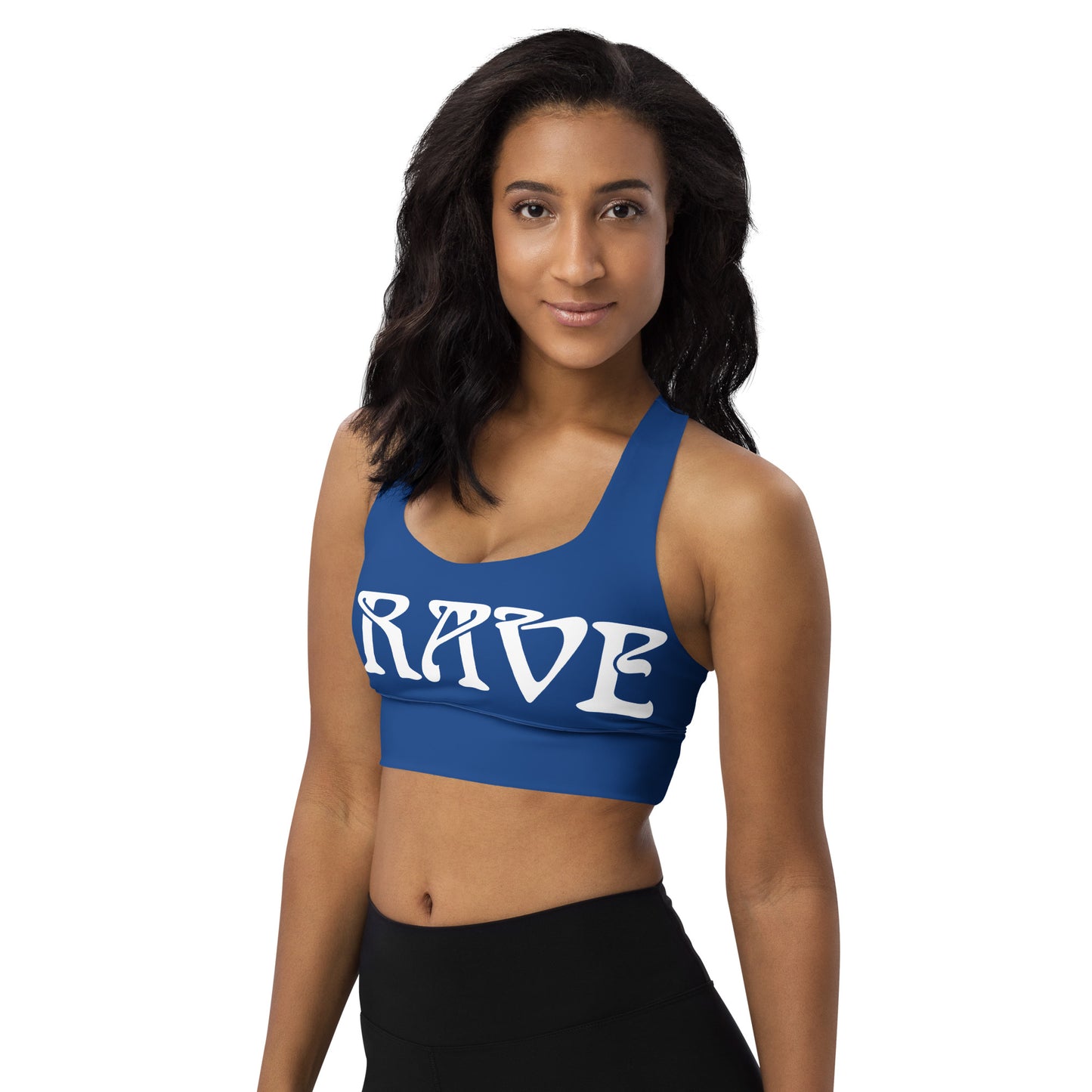 “BRAVE”Blue Longline Sports Bra W/White Font