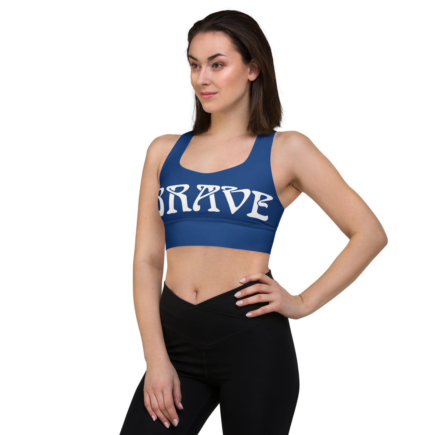 “BRAVE”Blue Longline Sports Bra W/White Font