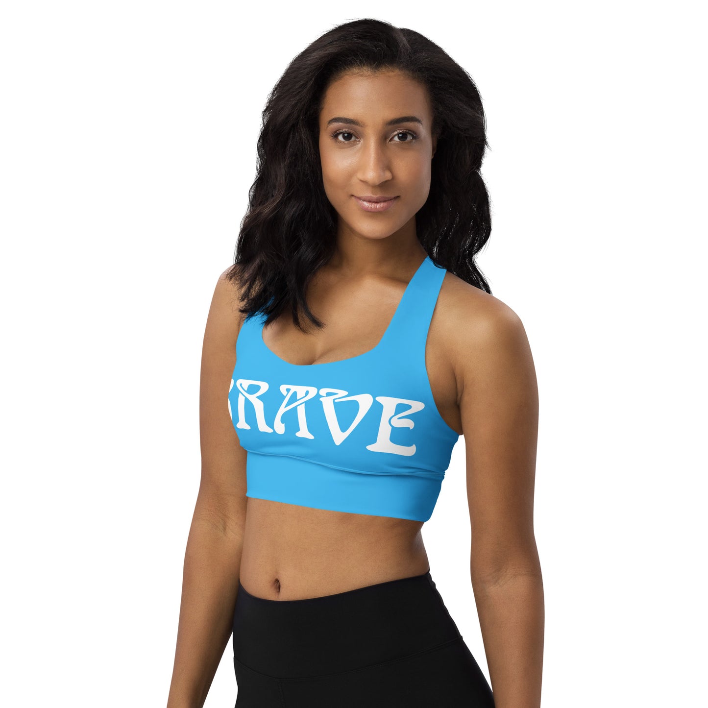 “BRAVE” SkyBlue Longline Sports Bra W/White Font