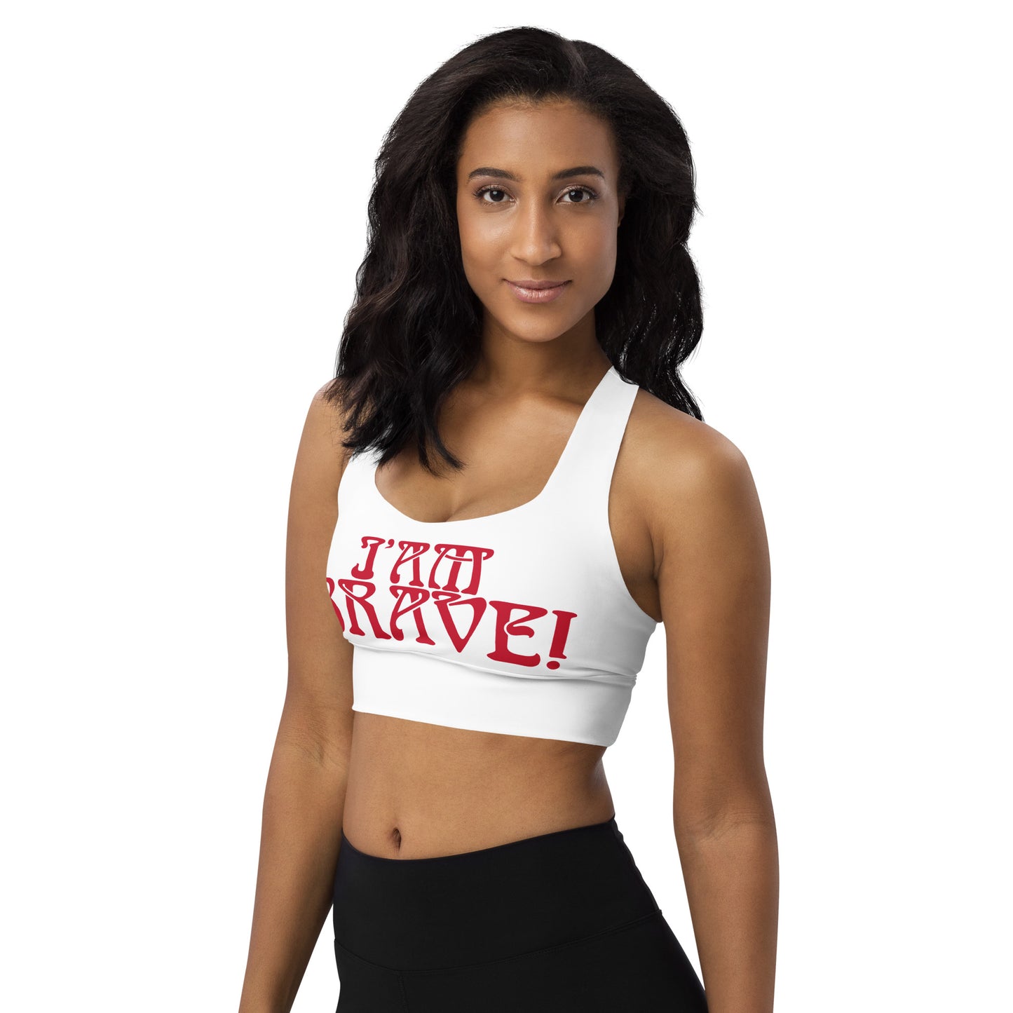 “I’AM BRAVE!” White Longline Sports Bra W/Red Font