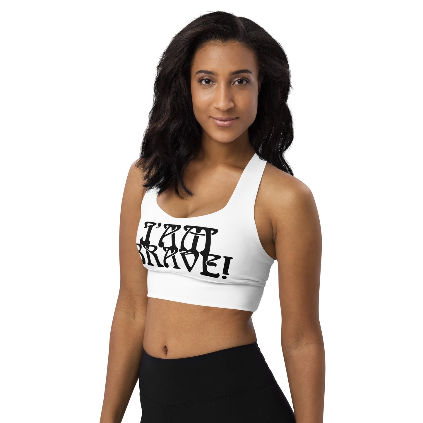 “I’AM BRAVE!” White Longline Sports Bra W/Black Font