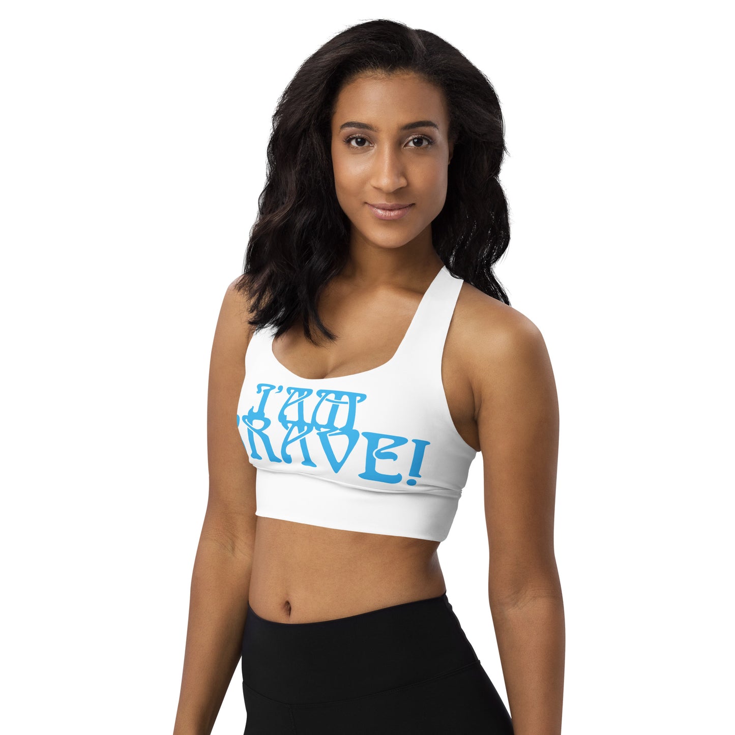 “I’AM BRAVE!” White Longline Sports Bra W/SkyBlue Font