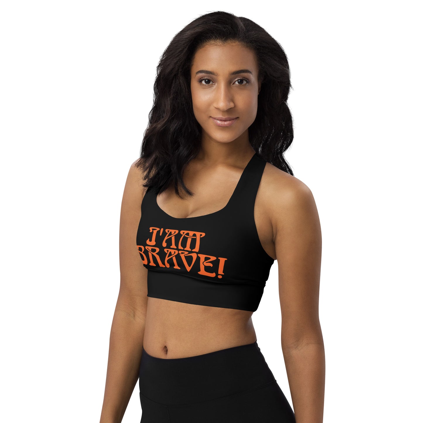 “I’AM BRAVE!” Black Longline Sports Bra W/Orange Font