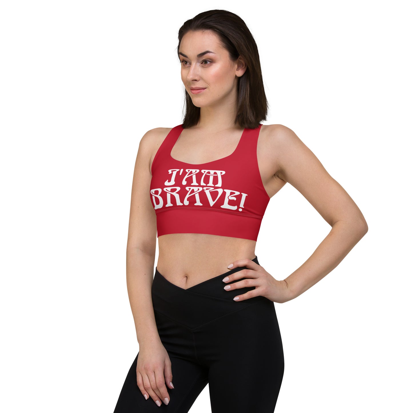 “I’AM BRAVE!” Red Longline Sports Bra W/White Font