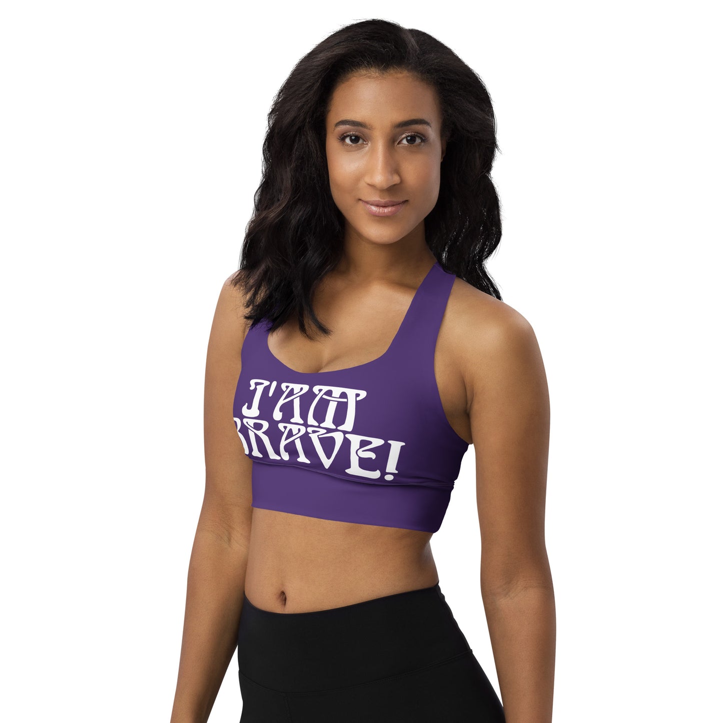 “I’AM BRAVE!” Purple Longline Sports Bra W/White Font