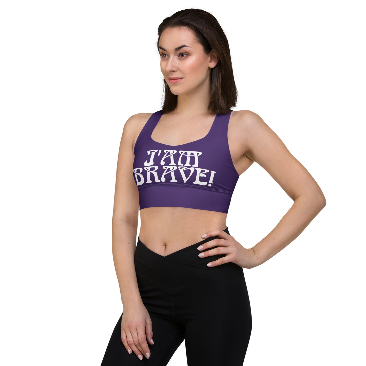 “I’AM BRAVE!” Purple Longline Sports Bra W/White Font