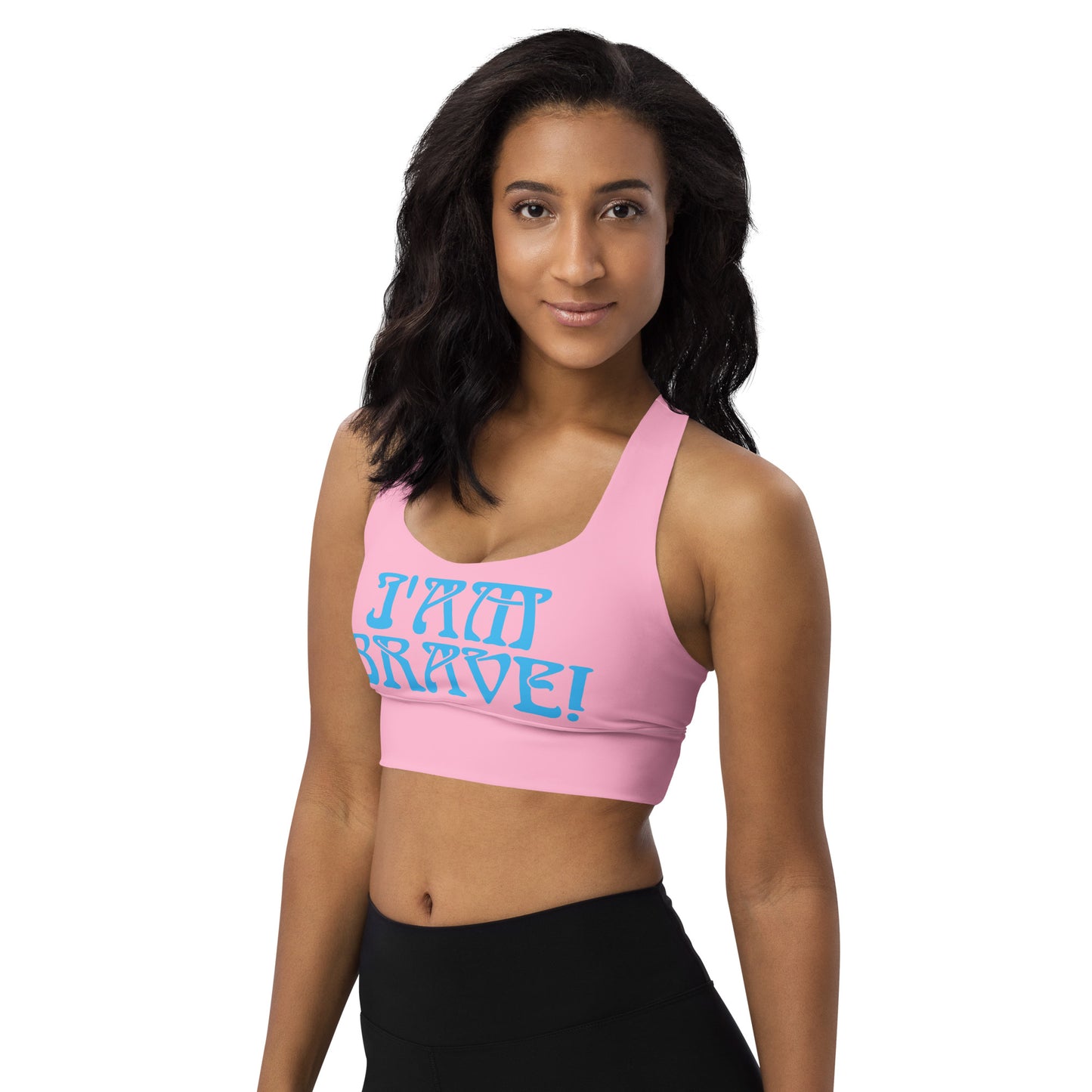 “I’AM BRAVE!” Cotton Candy Longline Sports Bra W/SkyBlue Font