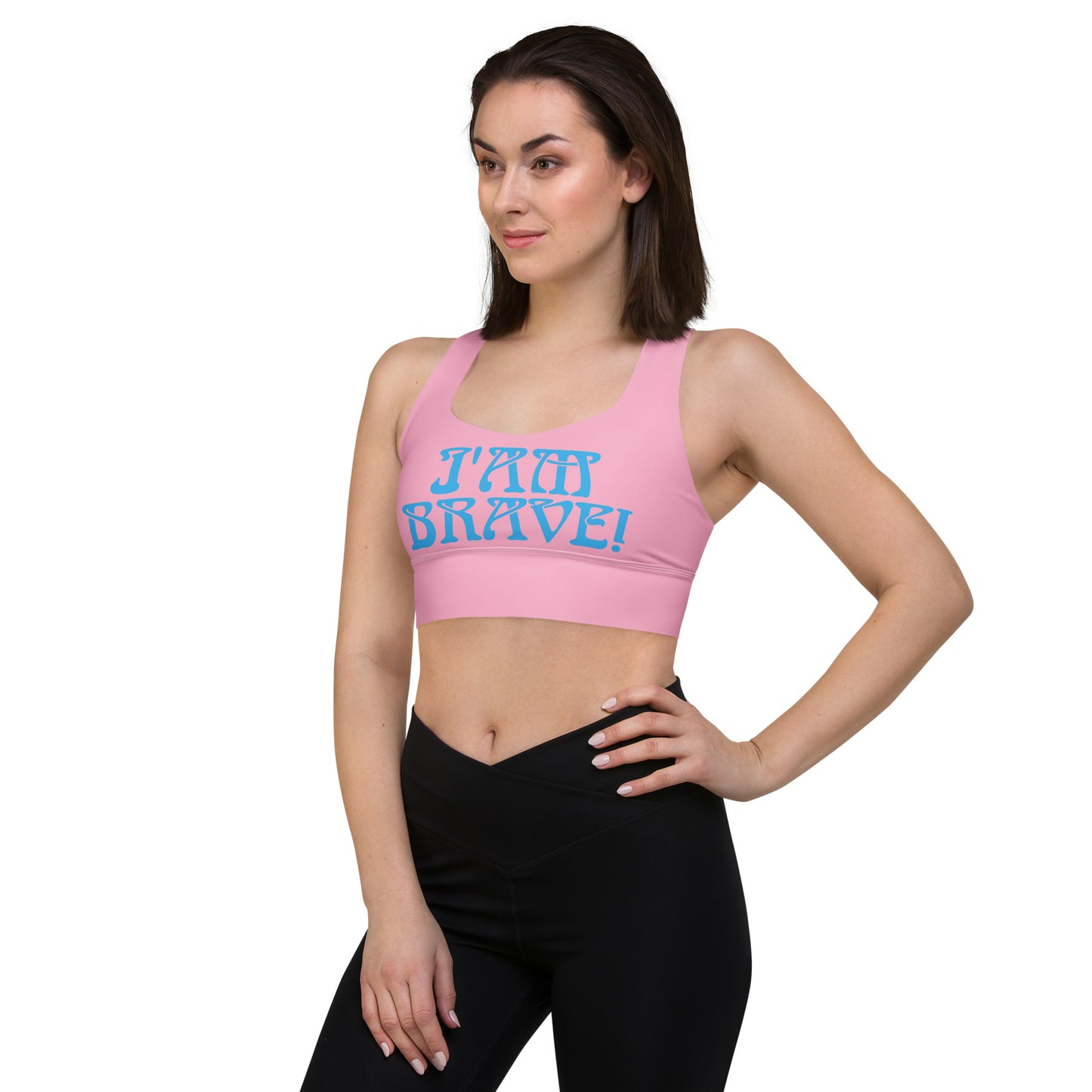 “I’AM BRAVE!” Cotton Candy Longline Sports Bra W/SkyBlue Font