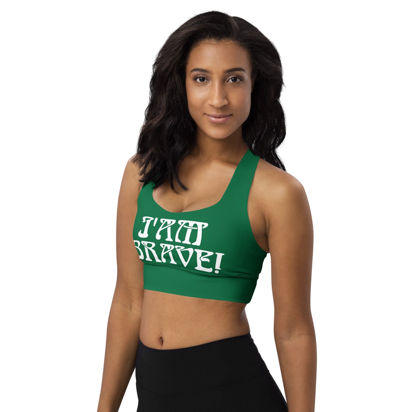 “I’AM BRAVE!” Green Longline Sports Bra W/White Font