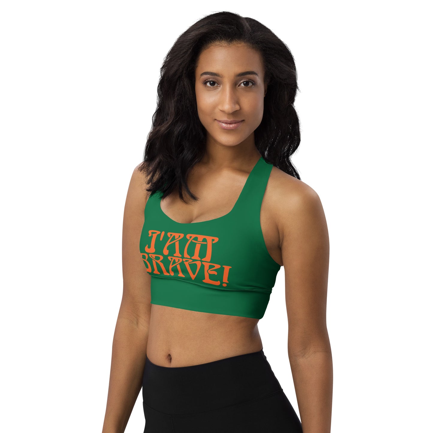 “I’AM BRAVE!” Green Longline Sports Bra W/Orange Font