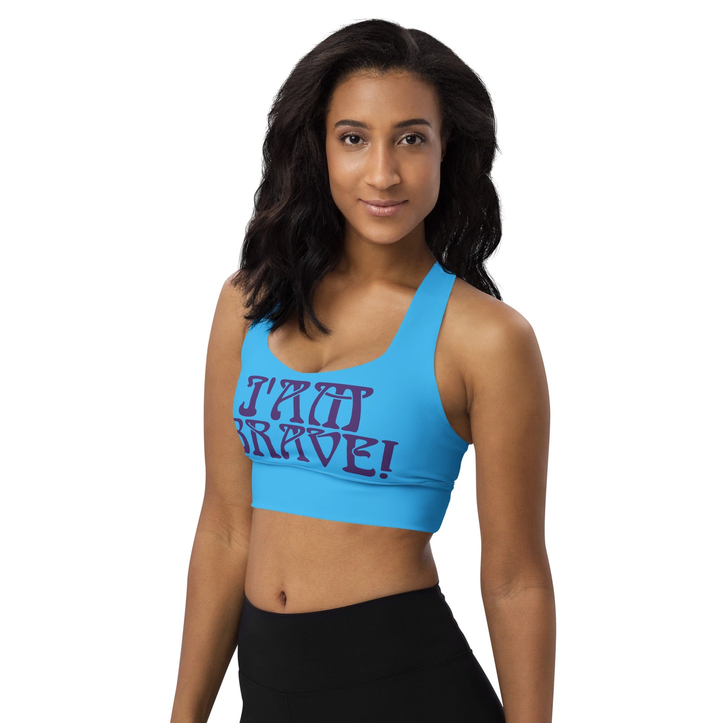 “I’AM BRAVE!” SkyBlue Longline Sports Bra W/Purple Font