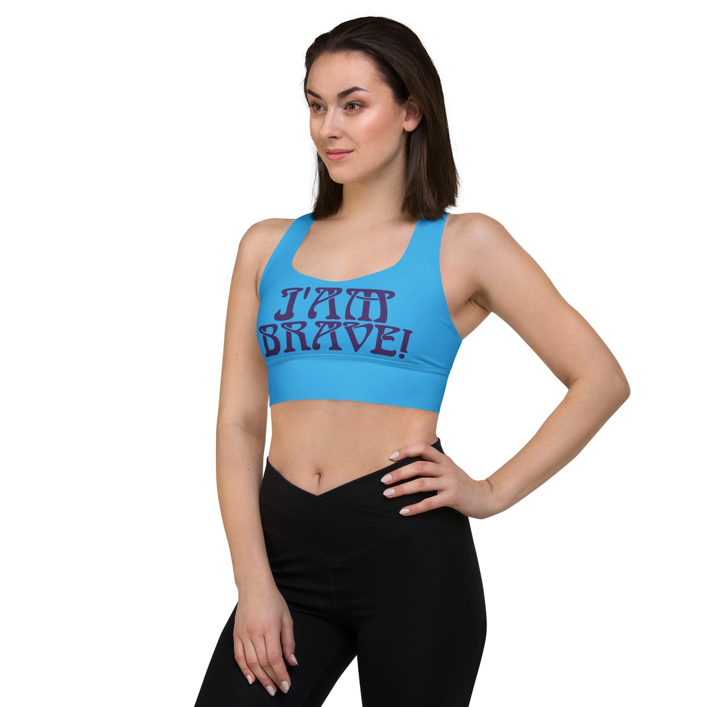 “I’AM BRAVE!” SkyBlue Longline Sports Bra W/Purple Font