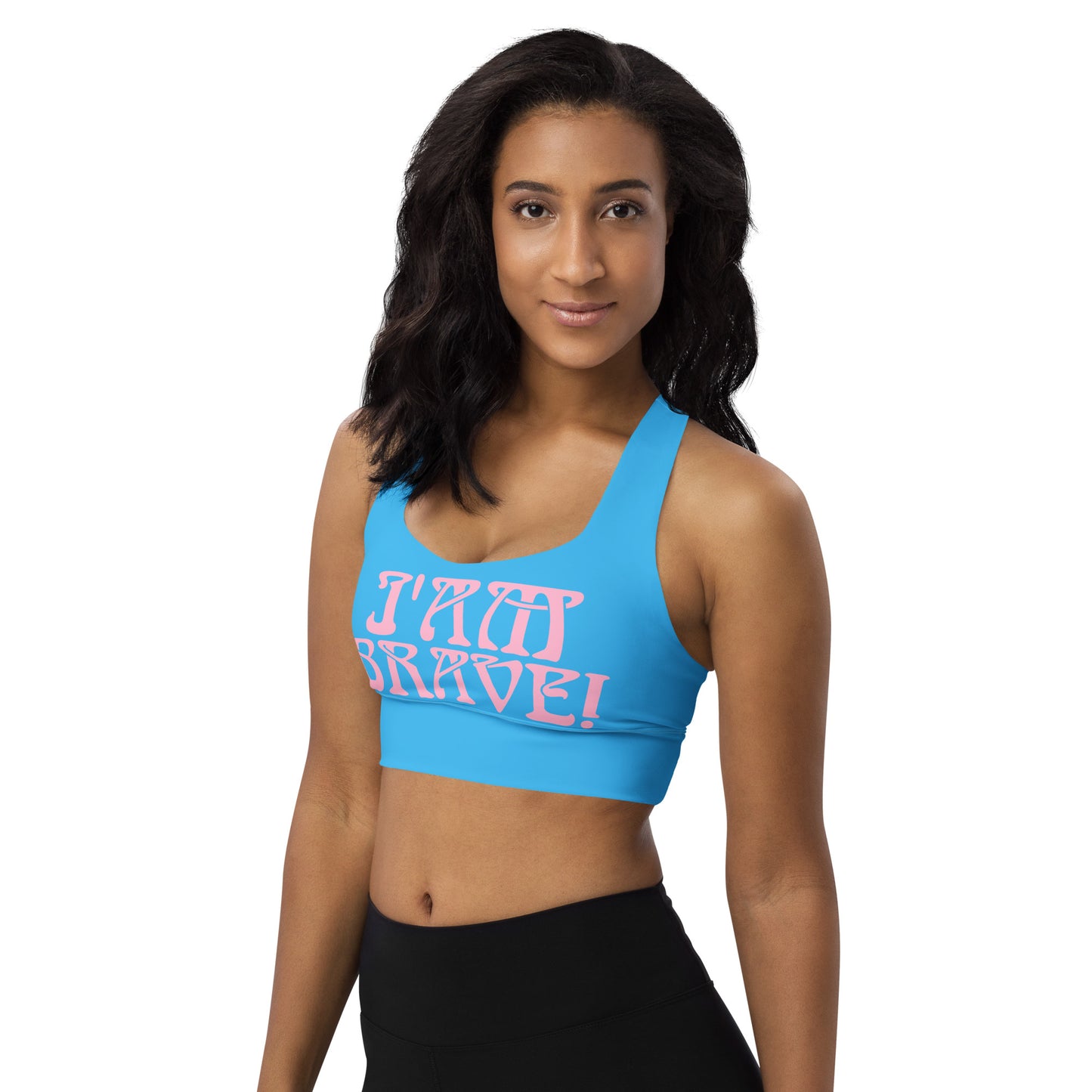 “I’AM BRAVE!” SkyBlue Longline Sports Bra W/Cotton Candy Font